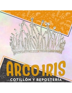 Tiara Metal Con Strass -vincha -9 Cm Alto-plateada -con Peineta En Puntas-corona Plata-