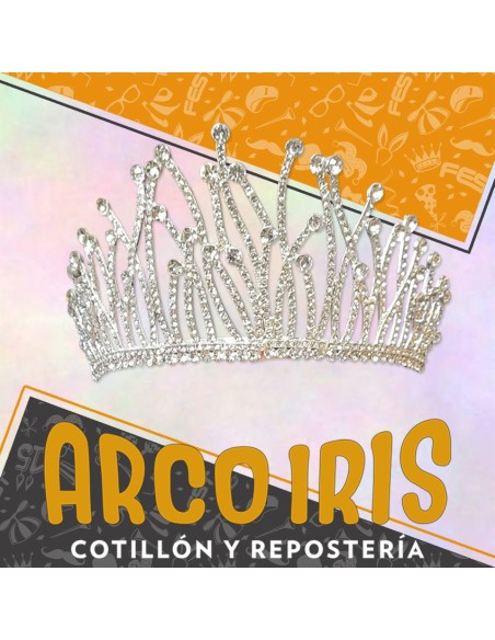 Tiara Metal Con Strass -vincha -9 Cm Alto-plateada -con Peineta En Puntas-corona Plata-