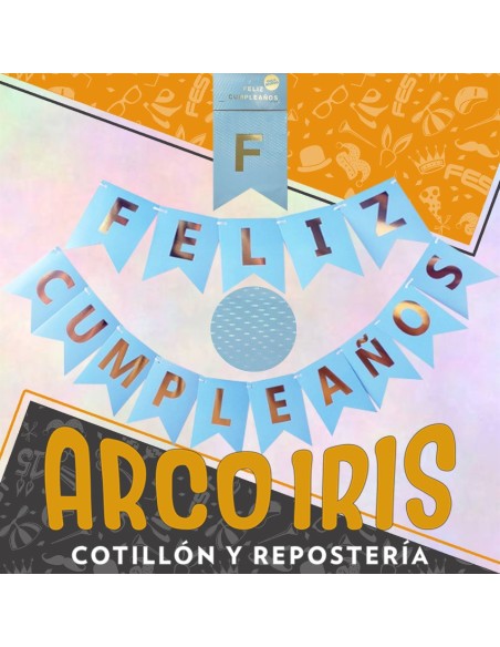 Banderin Feliz Cumpleanos Holografico Celeste Pastel -gold Mundo