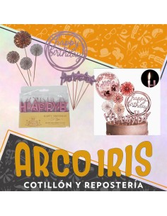 Set Toppers Happy Birthday Rosa Gold - Velas + Portaglobo Con Varios Toppers Adorno Para Torta
