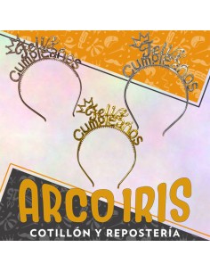 Vincha Feliz Cumpleanos Cursiva Plastica - Plateada-dorada -rosa Gold Party Goods