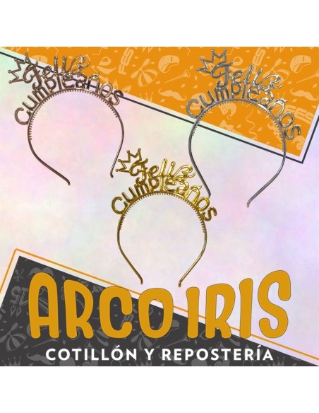 Vincha Feliz Cumpleanos Cursiva Plastica - Plateada-dorada -rosa Gold Party Goods