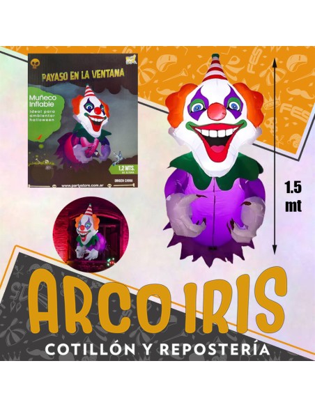 Muneco Inflable Payaso En La Ventana - 1.2 Mt Con 3 Led Halloween Party Store