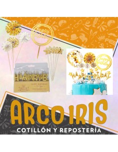 Set Toppers Happy Birthday Dorado - Velas + Portaglobo Con Varios Toppers Adorno Para Torta