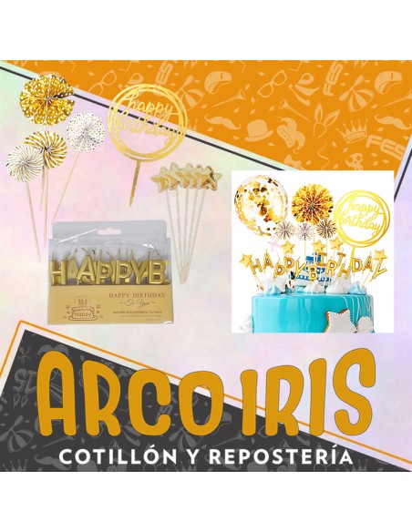 Set Toppers Happy Birthday Dorado - Velas + Portaglobo Con Varios Toppers Adorno Para Torta