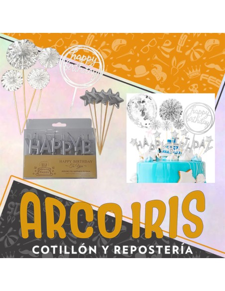 Set Toppers Happy Birthday Plateado - Velas + Portaglobo Con Varios Toppers Adorno Para Torta
