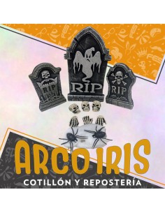 Set Lapida Abandonada 12 Piezas- - Halloween- Lapidas-arana-telarana-calaveras-manos-  Party Store