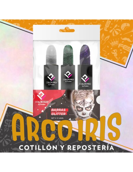 Maquillaje Barras Glitter X 3 - Blanco-verde-violeta- Halloween Pintafan