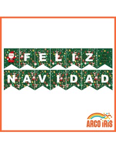 Banderin Feliz Navidad Xu - Fondo Verde Con Imagenes- Gold Mundo-regalos-monos-bola De Navidad-